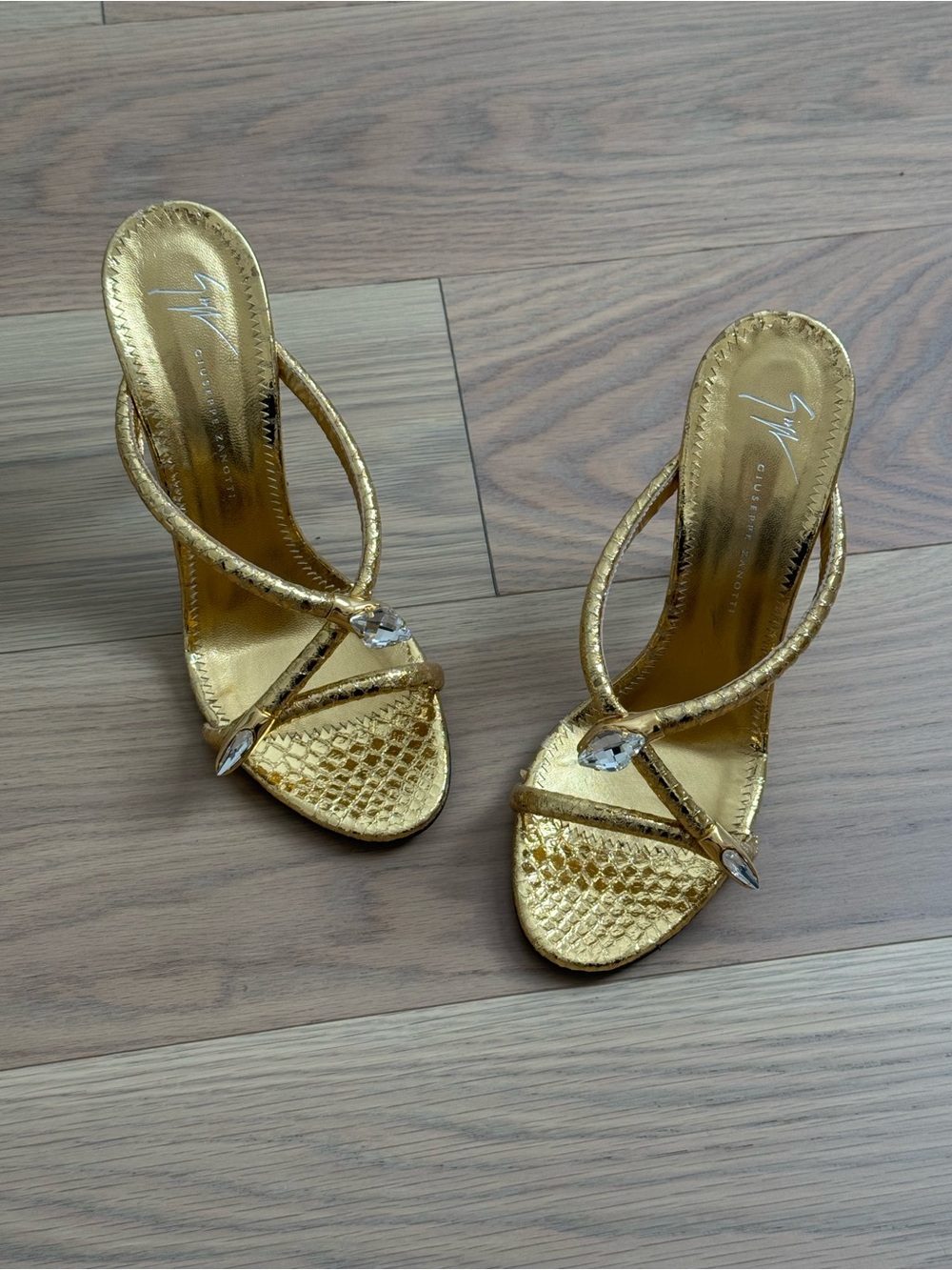 Giuseppe Zanotti Metallic Gold Jeweled Strappy Mules